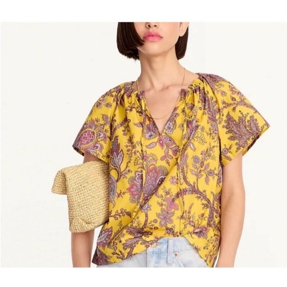 J Crew Collection Women L Top Tie-Neck Cotton Poplin Ratti Golden Paisley Casual - Picture 3 of 13